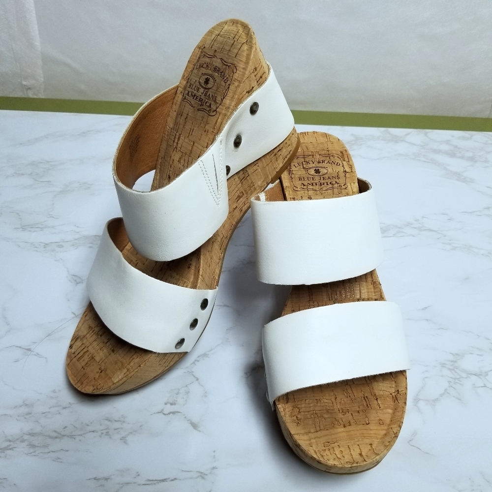 Lucky Brand White Leather Cork Wedge Sandal 8